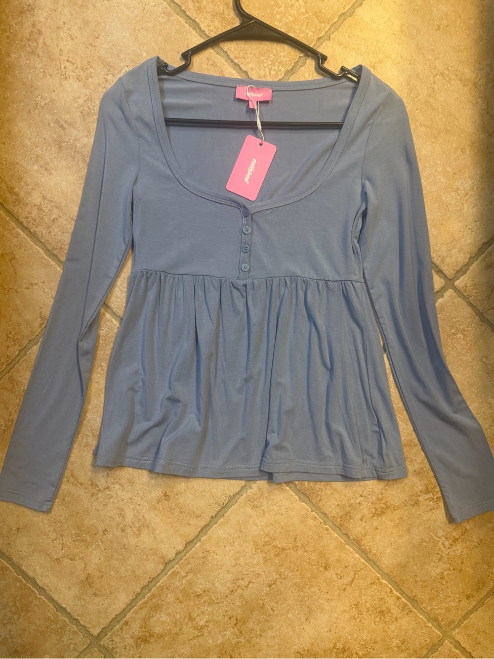 Edikted Dusty Blue Long Sleeve Scoop Neck Babydoll Top NWT XS